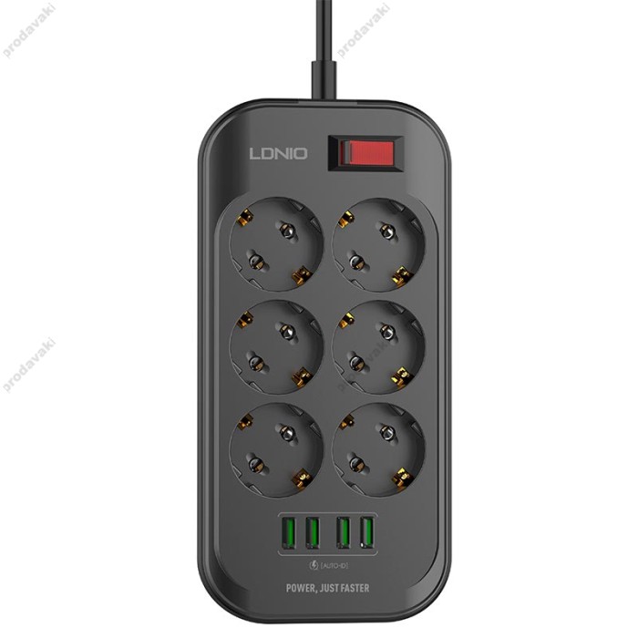 Подовжувач мережевий фільтр LDNIO SE6403 2500W 2m EU Plug 4 USB 6 Sockets 3.4A black