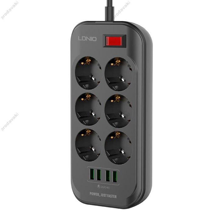 Подовжувач мережевий фільтр LDNIO SE6403 2500W 2m EU Plug 4 USB 6 Sockets 3.4A black