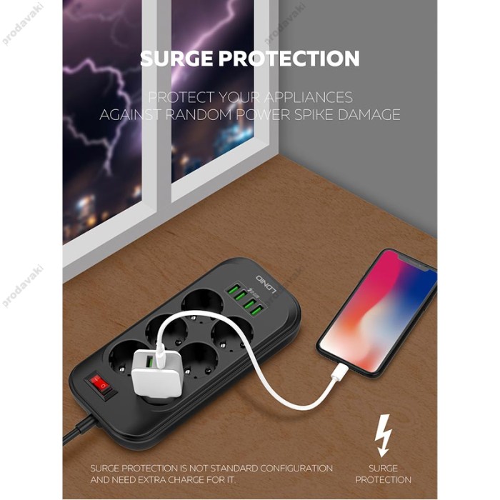 Подовжувач мережевий фільтр LDNIO SE6403 2500W 2m EU Plug 4 USB 6 Sockets 3.4A black