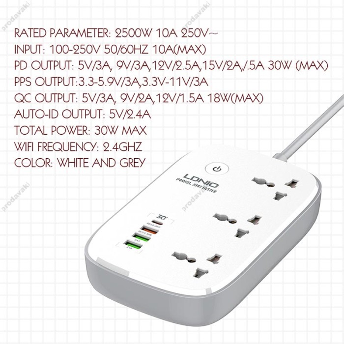 Подовжувач мережевий фільтр LDNIO c Wi-Fi SCW3451 3USB/1Type-C 3 Sockets QC/PD 30W/10A 2m EU Plug white