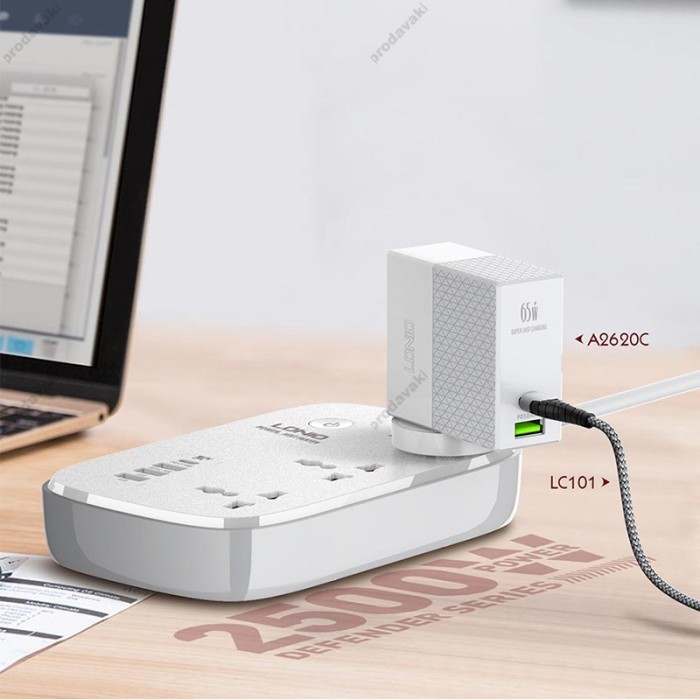Подовжувач мережевий фільтр LDNIO c Wi-Fi SCW3451 3USB/1Type-C 3 Sockets QC/PD 30W/10A 2m EU Plug white