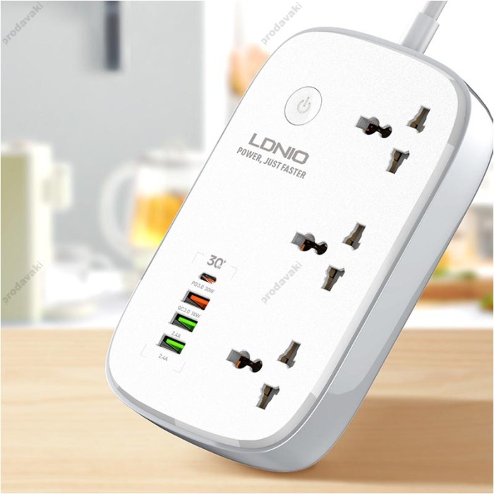 Подовжувач мережевий фільтр LDNIO c Wi-Fi SCW3451 3USB/1Type-C 3 Sockets QC/PD 30W/10A 2m EU Plug white
