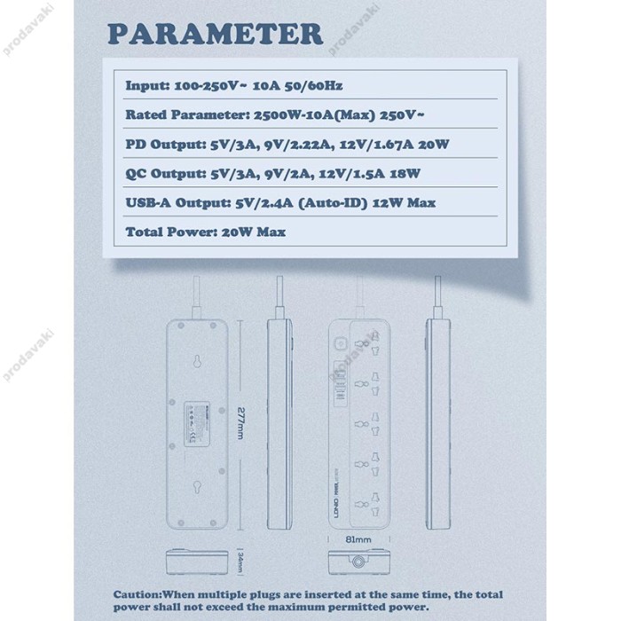 Подовжувач мережевий фільтр LDNIO SC5415 PD20W / QC18W 3USB / 1Type-C 5 Sockets