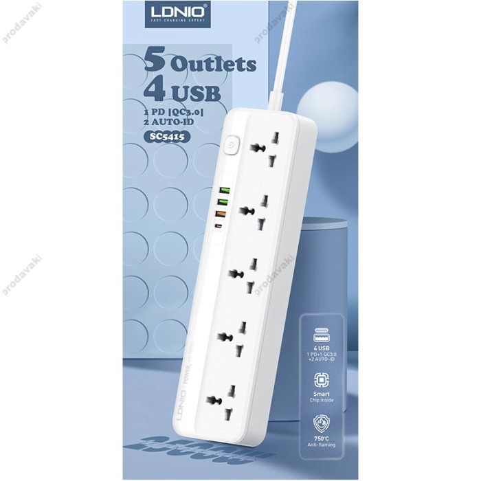 Подовжувач мережевий фільтр LDNIO SC5415 PD20W / QC18W 3USB / 1Type-C 5 Sockets