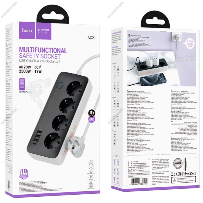 Подовжувач мережевий фільтр Hoco AC21 Sunlight 4-bit desktop socket (L=3M) 3USB/1Type-C 17W/3.4A black