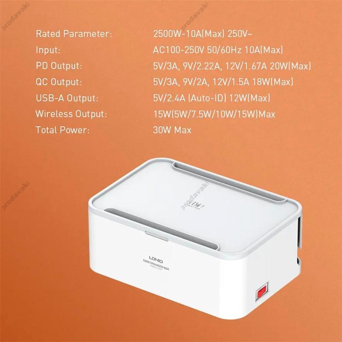 Подовжувач мережевий фільтр LDNIO SN5310W Management Power Strip Box 15W Qi/1Type-C/2USB QC/PD 5 Sockets 30W/10A