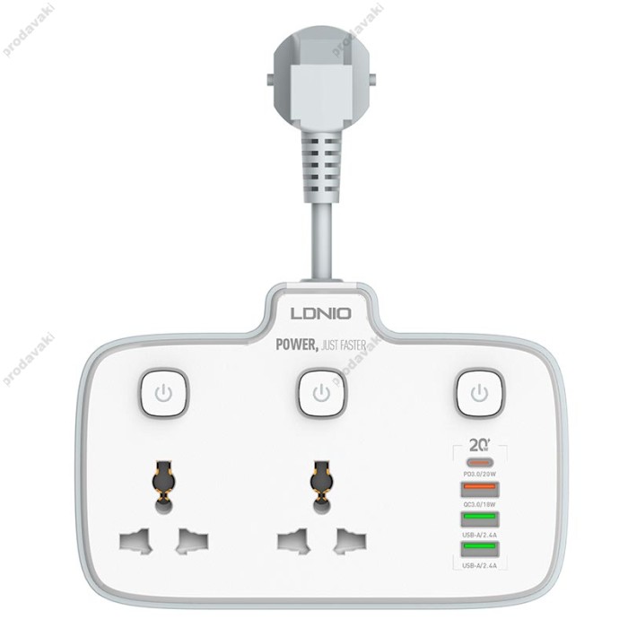 Подовжувач мережевий фільтр Ldnio SC2413 3USB/1Type-C 3Sockets QC/PD 20W/10A EU Plug white