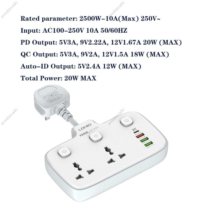 Подовжувач мережевий фільтр Ldnio SC2413 3USB/1Type-C 3Sockets QC/PD 20W/10A EU Plug white