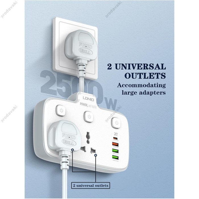 Подовжувач мережевий фільтр Ldnio SC2413 3USB/1Type-C 3Sockets QC/PD 20W/10A EU Plug white