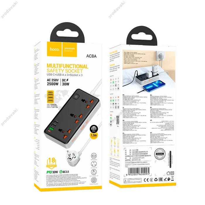 Подовжувач мережевий фільтр HOCO AC8A Storm 3-position socket 3USB/1Type-C PD/QC 3A/30W black