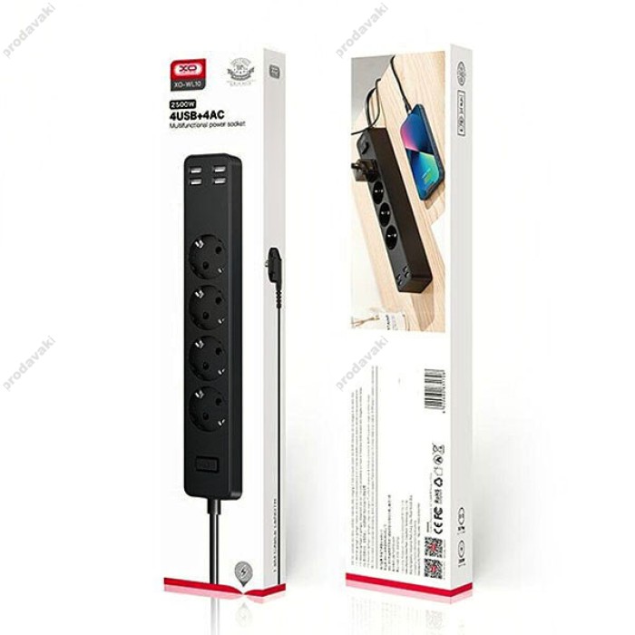Мережевий перехідник XO WL10 (EU) 4USB function socket 1.8 meters (4AC+4USB) BLack