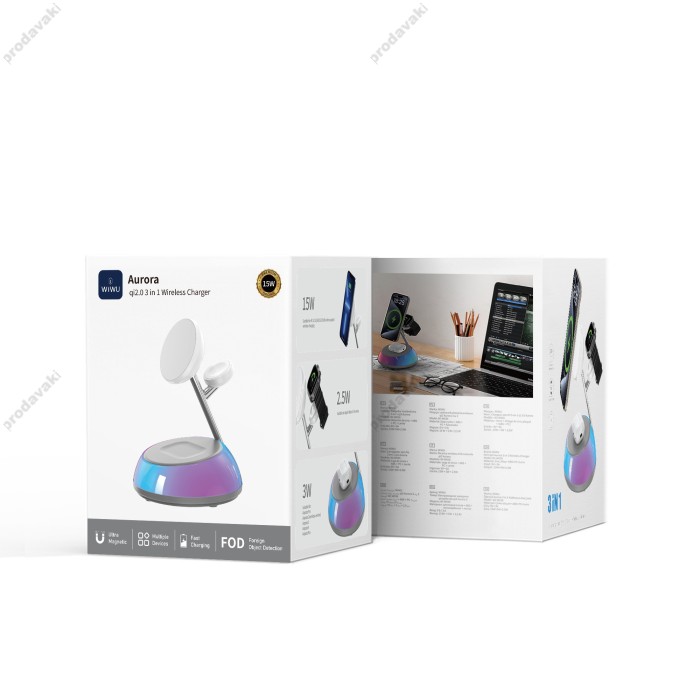 Бездротова зарядка Wiwu Aurora Qi2.0 3 в 1 15W White Wi-W036