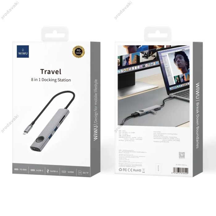 USB-Хаб Wiwu Wi-HB001 Traveling Series 8в1 Type-C to HDMI+2xSB 3.0+SD+TF+2xType-C+PD Grey