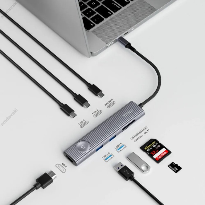 USB-Хаб Wiwu Wi-HB001 Traveling Series 8в1 Type-C to HDMI+2xSB 3.0+SD+TF+2xType-C+PD Grey