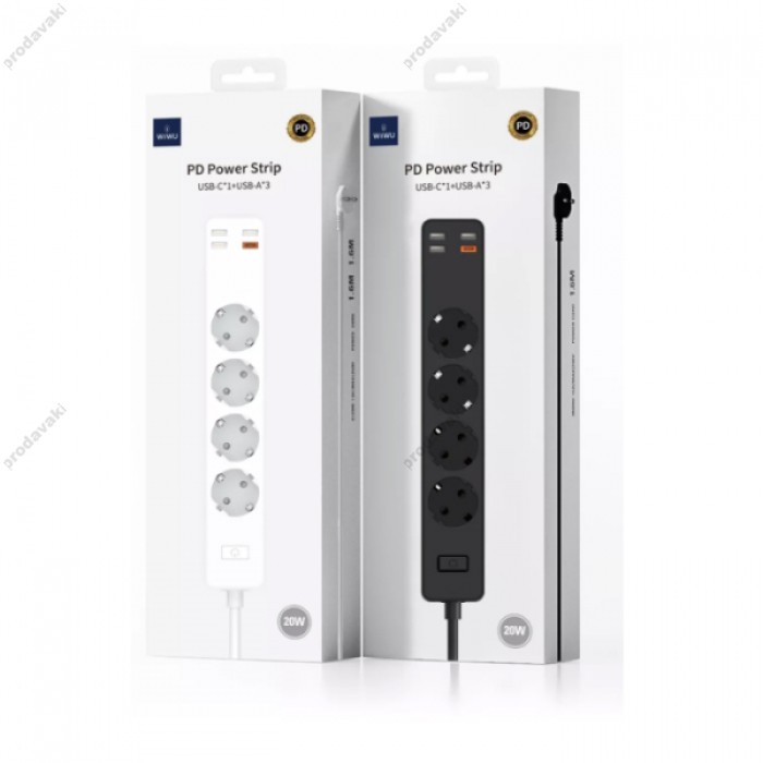 Подовжувач мережі WiWU 20W Smart Power Strip (4-220V/ 3USB/ 1PD 20W Type-C) EU Plug White