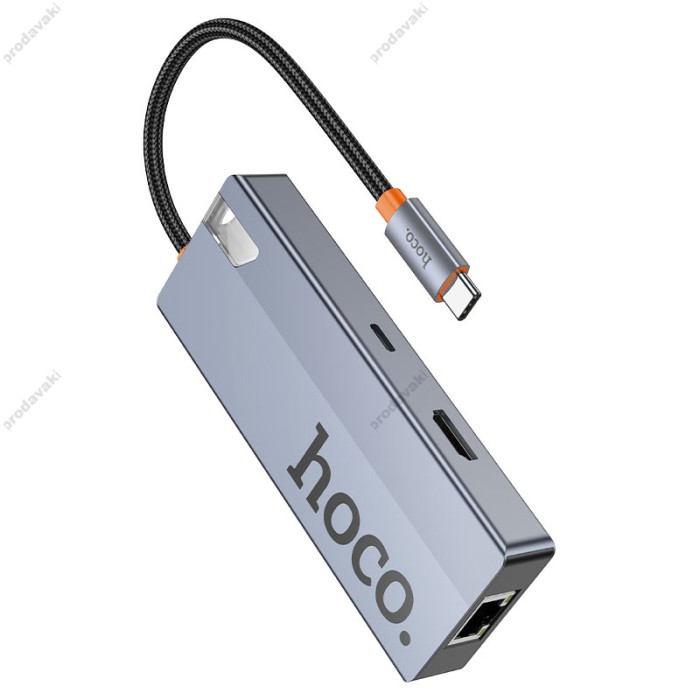 USB-Хаб HOCO HB51 Wow multi-function converter 6в1 Type-C to HDMI +RJ45+PD+3xUSB 3.0 Grey
