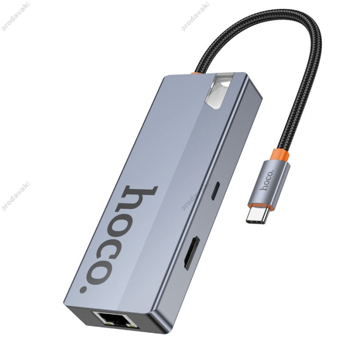 USB-Хаб HOCO HB51 Wow multi-function converter 6в1 Type-C to HDMI +RJ45+PD+3xUSB 3.0 Grey
