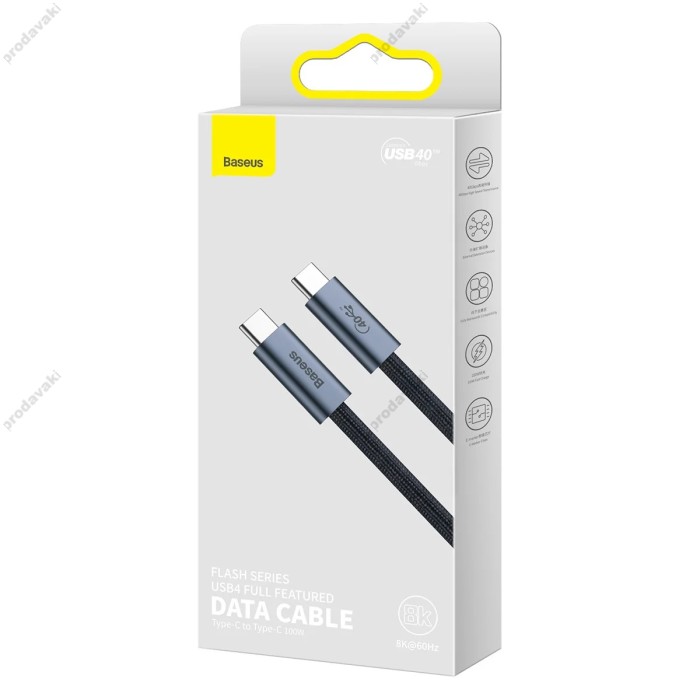 Кабель Baseus Flash Series fast data transmission cable Data Cable Type-C to Type-C 100W 40Gbps 8K 1m Black CASS010014
