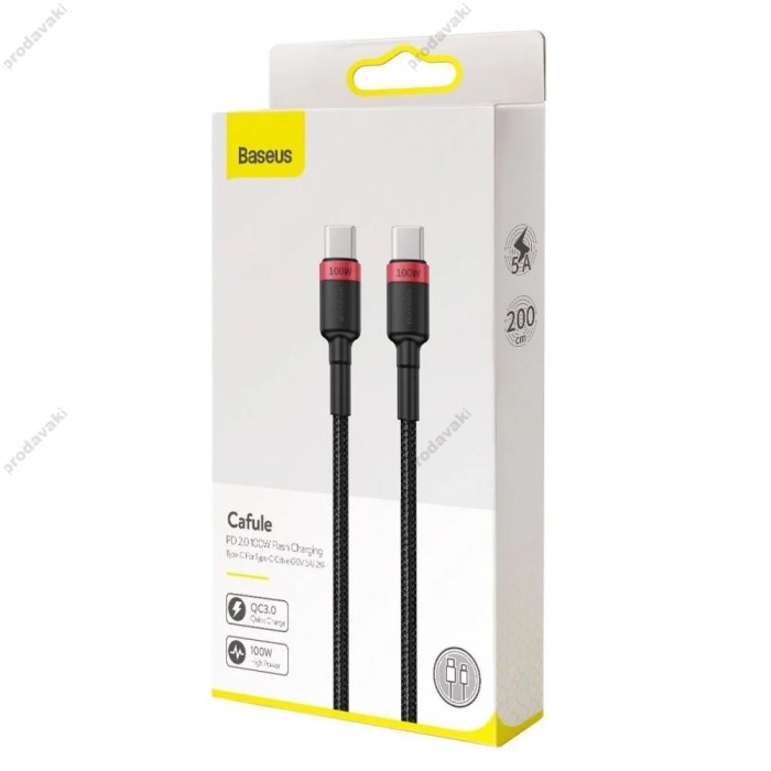 Кабель Baseus Cafule flash Charging Data Cable Type-C to Type-C PD2.0 5A 100W 2m Black-Red CATKLF-AL91
