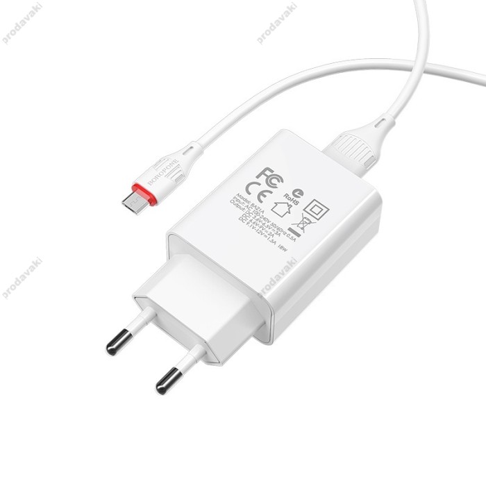 Мережевий зарядний пристрій Borofone BA21A Long single port charger Micro USB cable 18W White