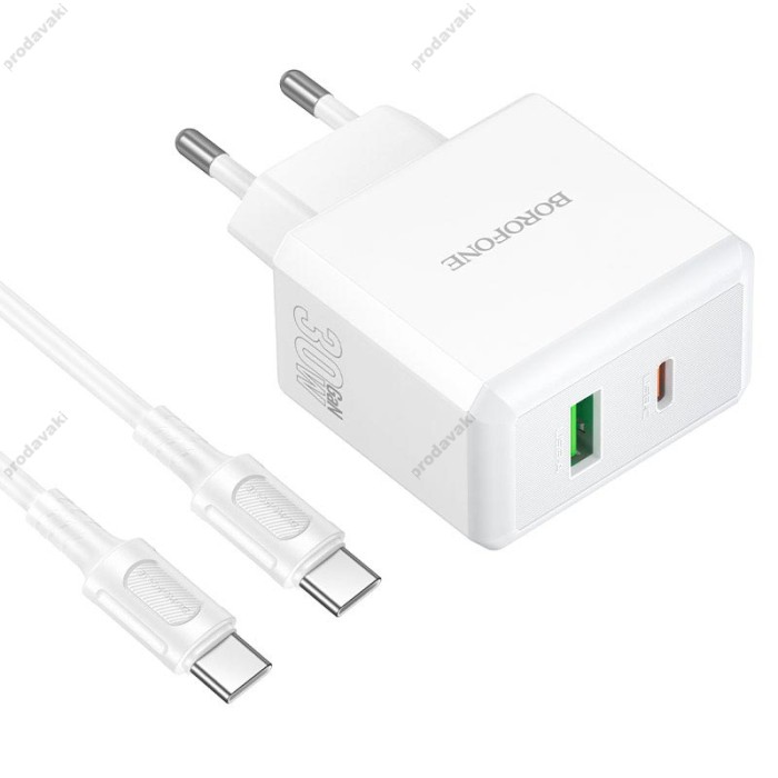 Мережевий зарядний пристрій BOROFONE BA113A Energy charger Type-C to Type-C cable 30W White