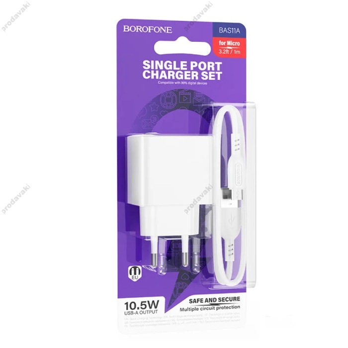 Мережевий зарядний пристрій Borofone BAS11A Frudite single port charger Micro USB cable 10.5W White