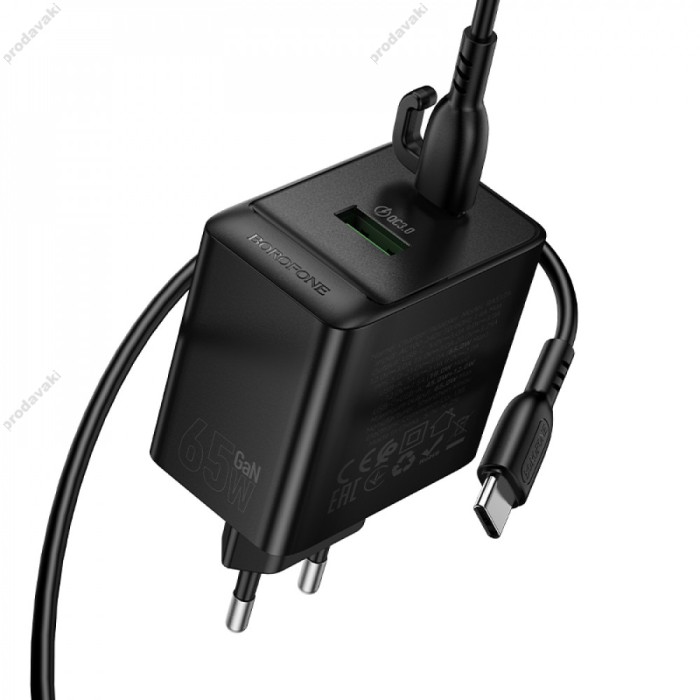 Мережевий зарядний пристрій Borofone BAS17A Erudite GaN charger Type-C cable 65W Black
