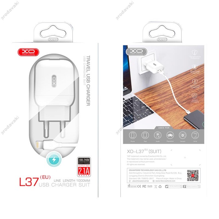 Мережевий зарядний пристрій XO L37 Home charger Lightning cable 10.5W White