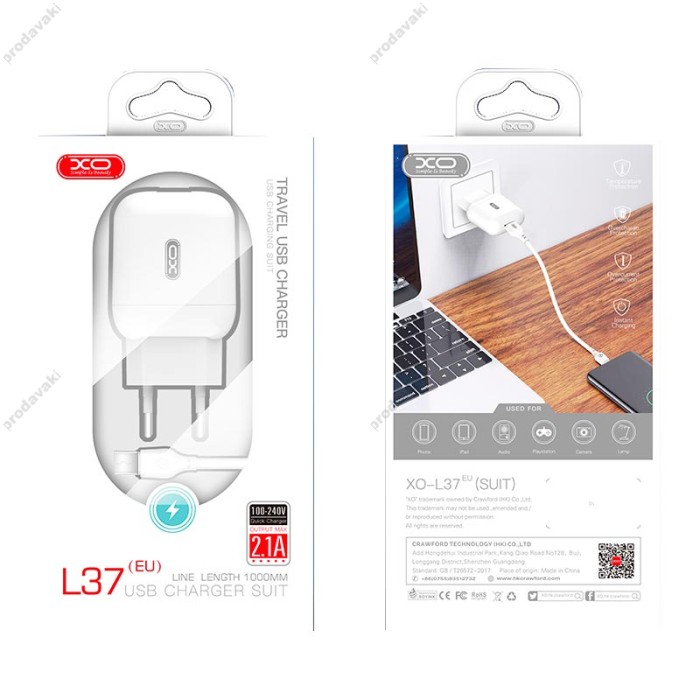 Мережевий зарядний пристрій XO L37 Home charger Type-C cable 10.5W White