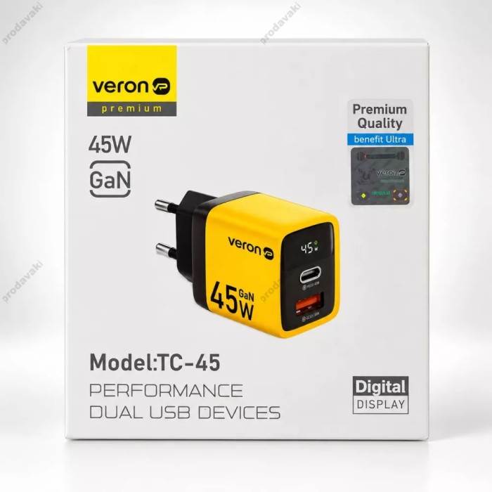 Мережевий зарядний пристрій Veron TC-45 GaN Digital Display 45W Black