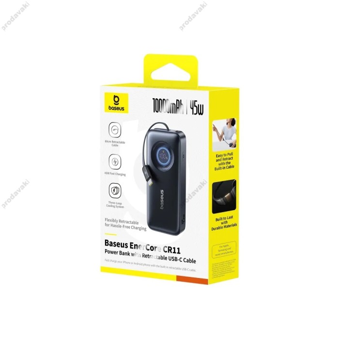 Повербанк портативний акумулятор Power bank Baseus EnerCore CR11 Retractable Cable 45W 10000 mAh Black E0027G00