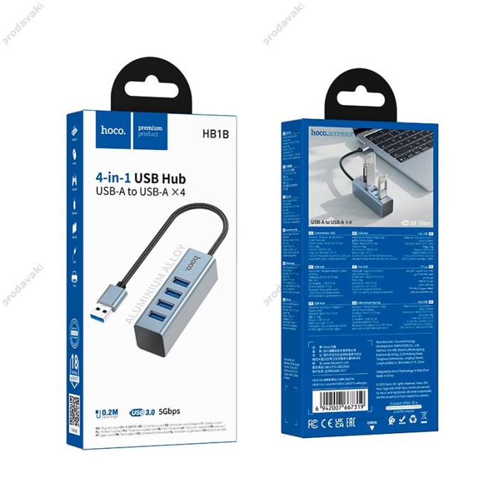 USB-Хаб Hoco HB1B Multifunction Adapter 4в1 converter USB to 4xUSB 3.0 Grey