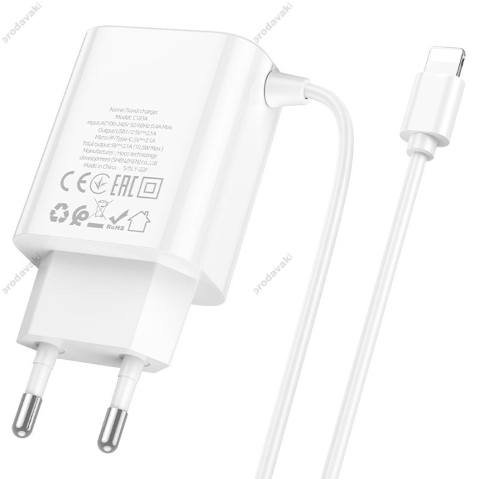 Мережевий зарядний пристрій Hoco C103A Courser dual-port charger Lightning cable 10.5W White
