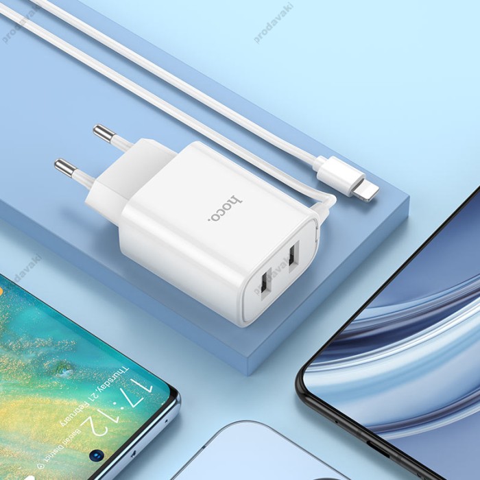 Мережевий зарядний пристрій Hoco C103A Courser dual-port charger Lightning cable 10.5W White