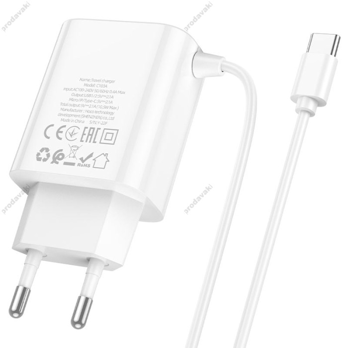 Мережевий зарядний пристрій Hoco C103A Courser dual-port charger Type-C cable 10.5W White