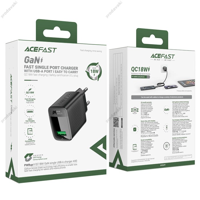 Мережевий зарядний пристрій ACEFAST A90 GaN single charger 18W Black