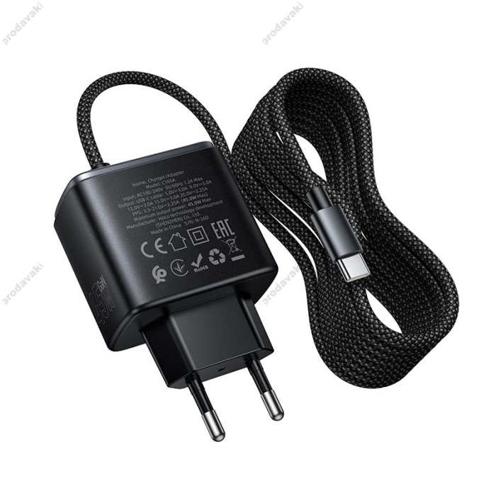 Мережевий зарядний пристрій HOCO C165A Priority charger with built-in Type-C cable 45W Black