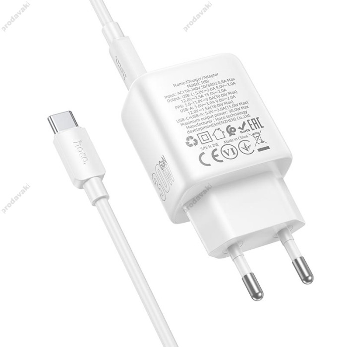 Мережевий зарядний пристрій HOCO N88 Seguro charger Type-C cable 30W White
