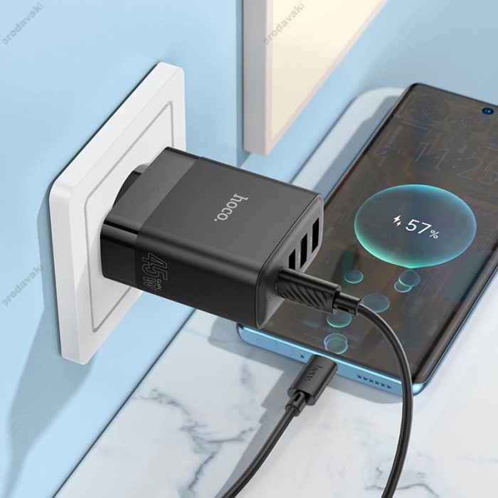 Мережевий зарядний пристрій HOCO C127A Intelligent four-port Lightning cable 45W Black