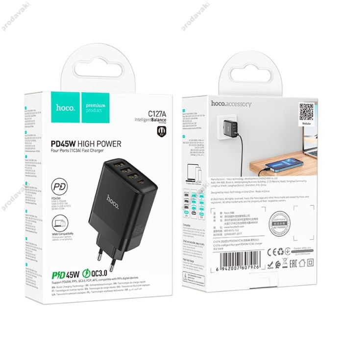 Мережевий зарядний пристрій HOCO C127A Intelligent four-port 45W Black