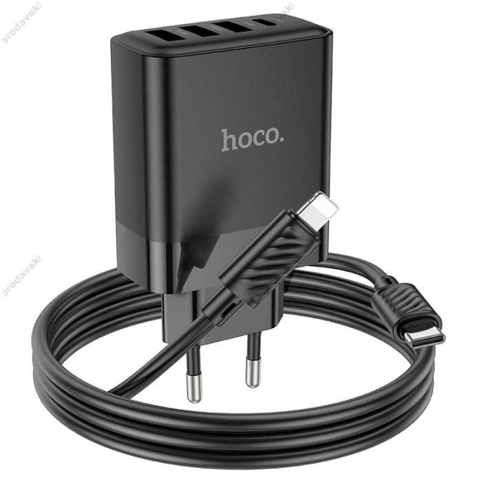Мережевий зарядний пристрій HOCO C127A Intelligent four-port Lightning cable 45W Black