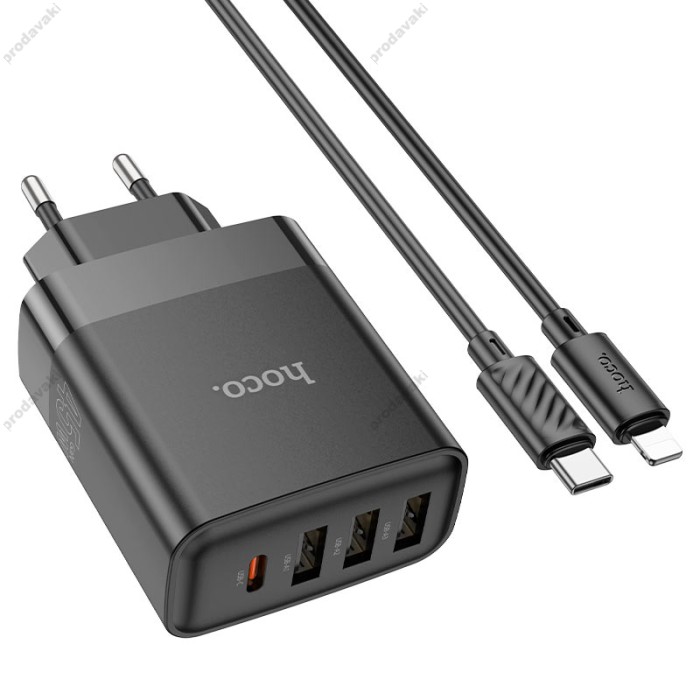 Мережевий зарядний пристрій HOCO C127A Intelligent four-port Lightning cable 45W Black