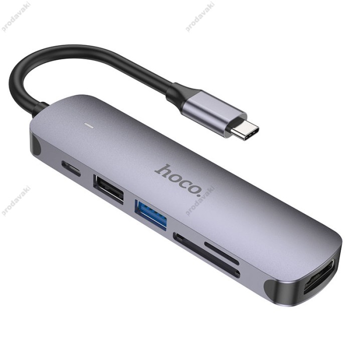 USB-Хаб HOCO HB28 multi-function converter 6в1 Type-C to HDMI+USB3.0+USB2.0+SD+TF+PD Metal Grey