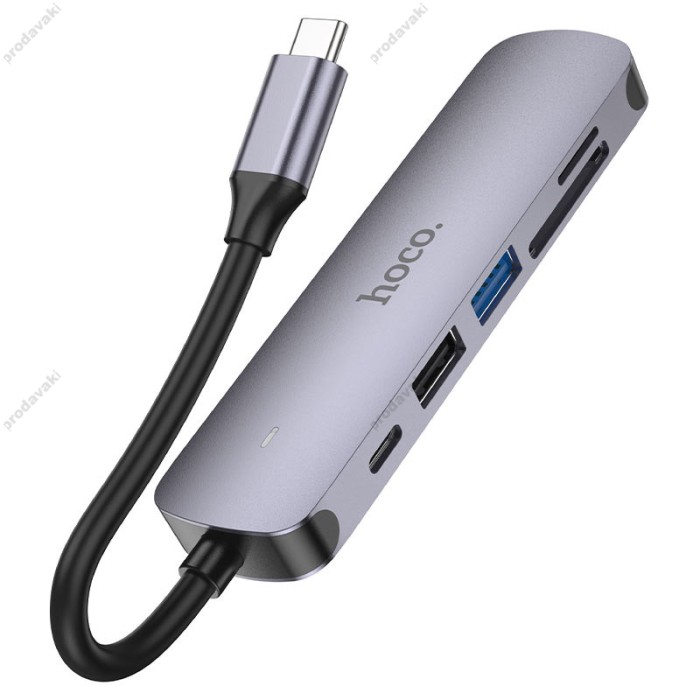 USB-Хаб HOCO HB28 multi-function converter 6в1 Type-C to HDMI+USB3.0+USB2.0+SD+TF+PD Metal Grey
