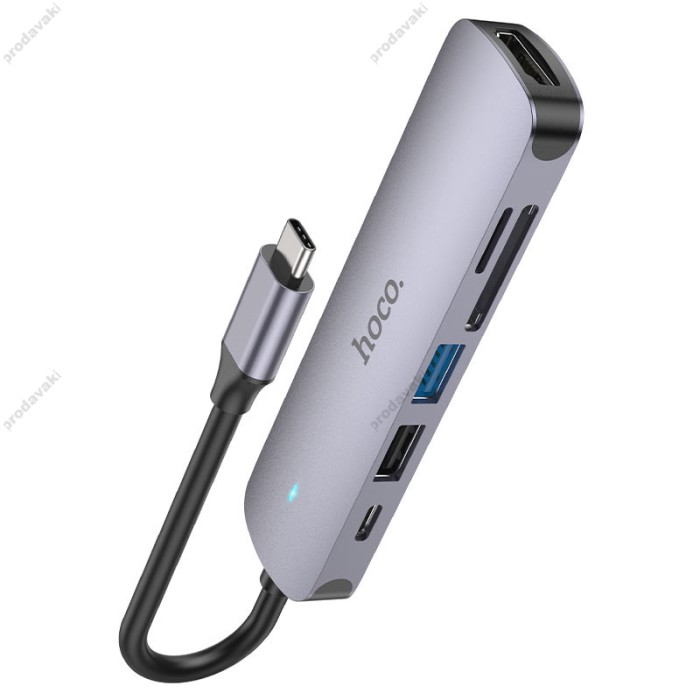 USB-Хаб HOCO HB28 multi-function converter 6в1 Type-C to HDMI+USB3.0+USB2.0+SD+TF+PD Metal Grey
