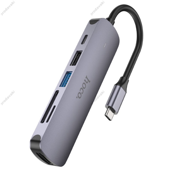 USB-Хаб HOCO HB28 multi-function converter 6в1 Type-C to HDMI+USB3.0+USB2.0+SD+TF+PD Metal Grey