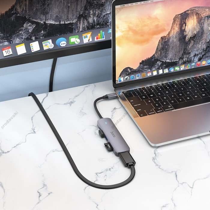 USB-Хаб HOCO HB28 multi-function converter 6в1 Type-C to HDMI+USB3.0+USB2.0+SD+TF+PD Metal Grey