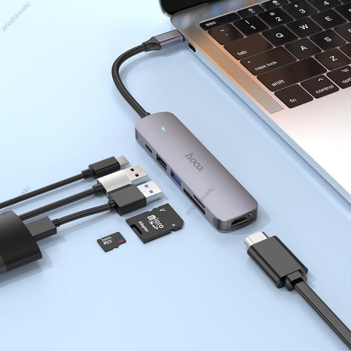 USB-Хаб HOCO HB28 multi-function converter 6в1 Type-C to HDMI+USB3.0+USB2.0+SD+TF+PD Metal Grey