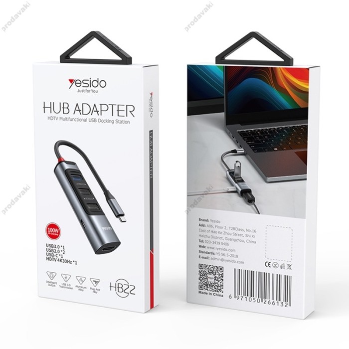 USB-Хаб Yesido HB22 multi-function converter 6в1 Type-C to HDMI+USB3.0+2xUSB2.0+PD Grey