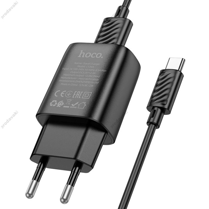 Мережевий зарядний пристрій Hoco C134A Solid single port charger Type-C cable 12W Black
